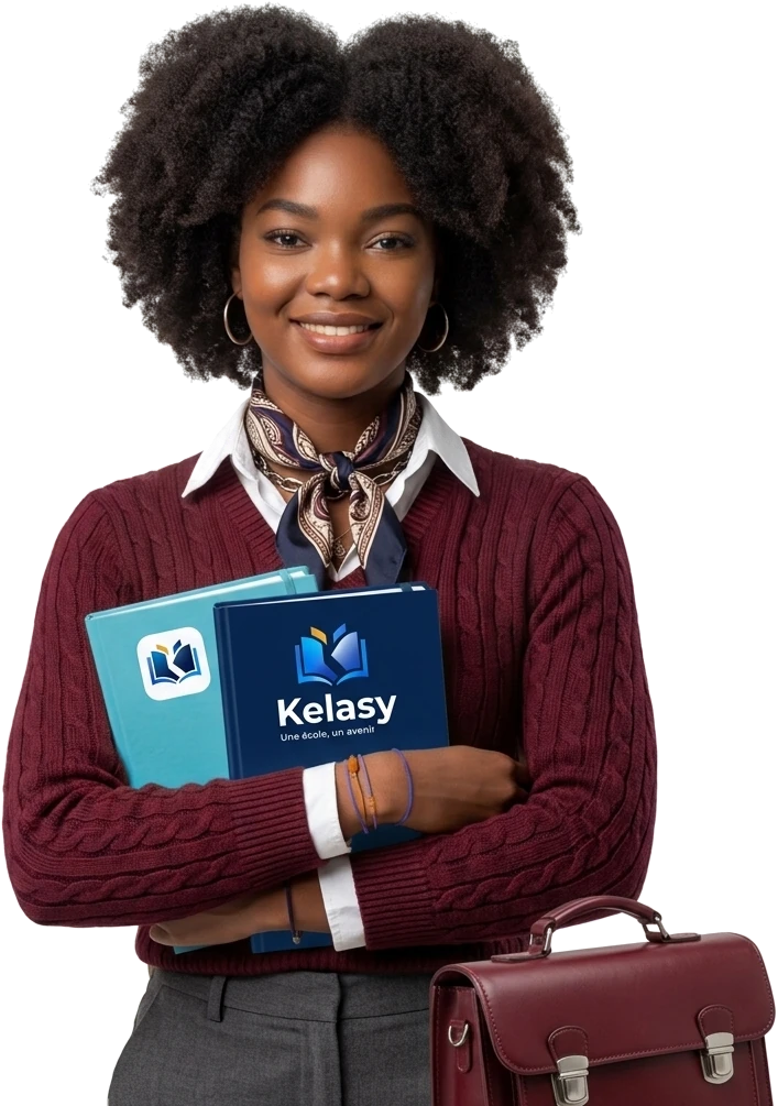 Élève souriante, ses cahiers Kelasy dans les bras